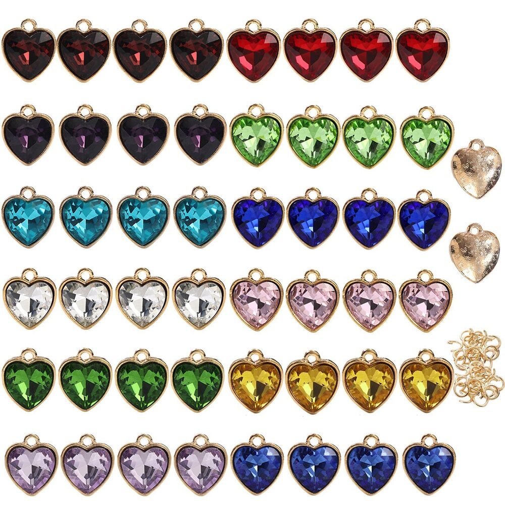 3243 48 Pcs 12 Colors Glass Rhinestone Charms, Gold Back Heart Birthstone
